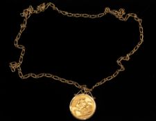 Jewellery: a 1911 George V full sovereign in 9ct gold mount, suspended on a 49cm chain, gross weight
