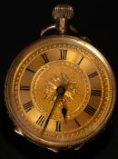 Watches: a 14ct yellow gold cased ladies fob watch, with floral engraved dial and face, pin set and 