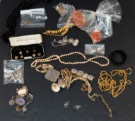Costume Jewellery: a silver mounted butterfly wing brooch, a similar cameo, other silver and white m