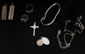 Silver Jewellery: two silver ingot pendants, two silver rings, a silver bracelet and a number of cos