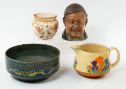 Ceramics: a Clarice Cliff Bizarre Crocus pattern jug, 18cm; A Zsolnay Pecs bulbous vase with reticul