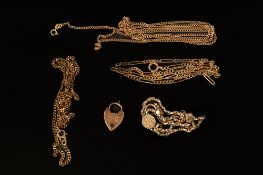 Jewellery:a fine 9ct gold curb link chain, 78cm; a rose gold heart padlock, two further 9ct chains, 