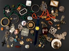 Jewellery: a tortoiseshell box lid with gold piquework decoration, an RAF sweetheart brooch, a seed 