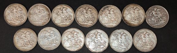 Coins: 13 Queen Victoria silver crown coins, circulated, dates ranging from 1887 to 1900. Combined w