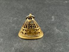 Jewellery: a yellow metal tapering fob, all over piercing resembling a birdcage, with solid base, un