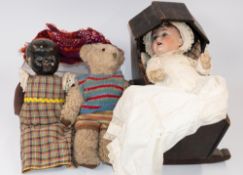 Toys: an early 20th century dolls crib, probably home made, together with a German bisque headed dol