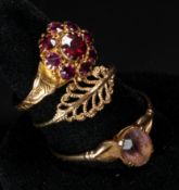 Jewellery: a 9ct gold and garnet cluster ring, UK size O; a 9ct gold and amethyst solitaire ring, UK