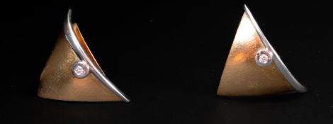 Jewellery: Ole Lynggaard- a pair of yellow and white metal modernist earrings, marked Ole L 585 and 