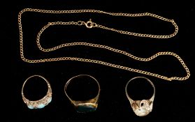 Jewellery: a yellow metal ring, testing as 18ct gold, set with three graduated opals separated by ro