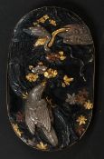 Jewellery: a Japanese mixed metal part buckle, depicting a bird of prey watching geese and a snake f