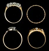 Jewellery: four 18ct gold and yellow metal rings, variously set with diamonds or pearls, UK size ran