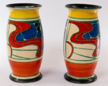Ceramics: a pair of Clarice Cliff 'Fantasque' vases, shape 264, in the Red Sunrise pattern, 15cm.