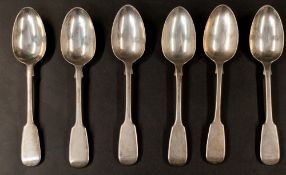 Silver: a set of six fiddle pattern dessert spoons by Henry Holland, London 1859. 17cm long, combine