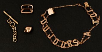 Jewellery: a 9ct gold T bar on short chain, a rose gold puffy heart charm, a broken 'Toujours A Toi'