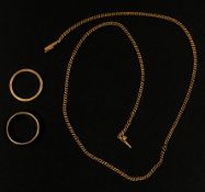 Jewellery: a 14ct yellow gold wedding band, UK size P; a second, only marked '14' but testing as gol