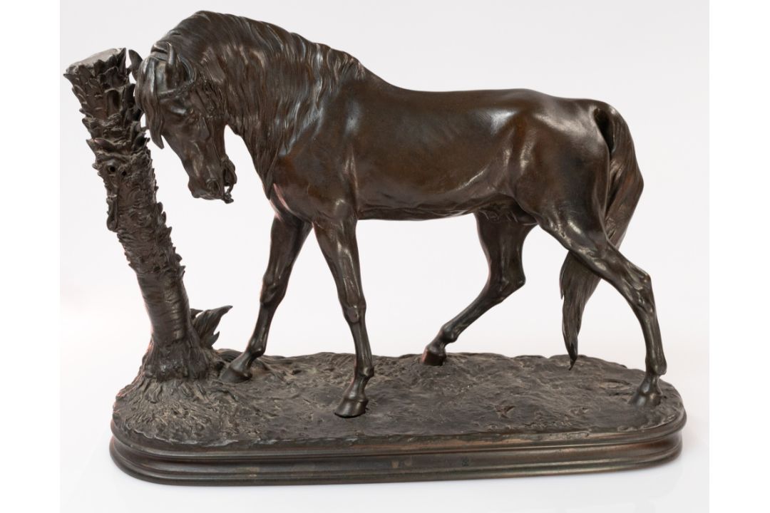 Metalware: an Animalier bronzed group depicting a horse by a tree stump, the base bearing the signat - Image 1 of 5