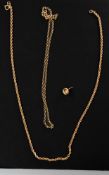Jewellery: a 9ct yellow gold rope twist necklace, 47cm; a belcher chain, 46cm and a single earring, 