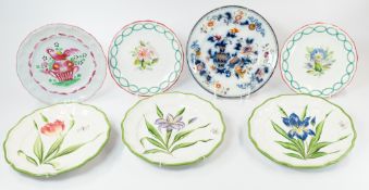 Ceramics: three Continental pottery plates painted with flowers and a butterfly, 26.5cm; a cockeral 