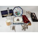 Silver Plate: two sets of cased fish servers, a plate topped glass biscuit barrel, nut picks, cutler