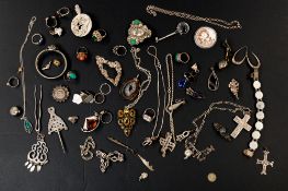 Silver: a teddy bear pendant with garnet eyes, on silver box chain; other silver necklaces and brace