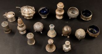 Silver: a number of condiment pieces, salts, pepperettes, mustard pots, etc, nine British hallmarked