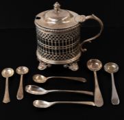 Silver: a pierced drum mustard with blue glass liner by John Harrison, Sheffield 1851, together with