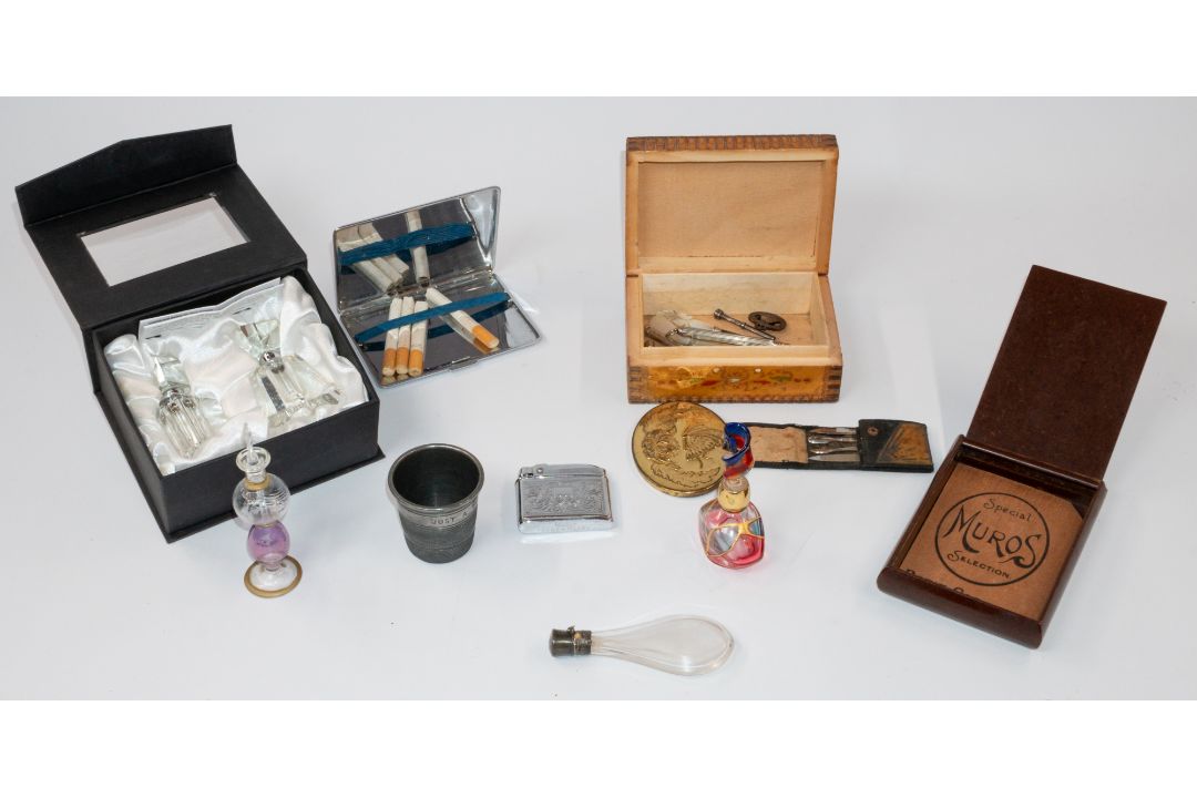 Decorative Arts: a 19th century teardrop scent bottle, a boxed Oleg Cassini bottle, two further glas - Image 1 of 3