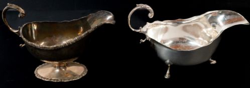 Silver: a pedestal sauceboat with flying scroll acanthus decorated handle and cast rim, Birmingham 1