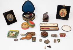 Decorative Arts: a heart shaped pin cushion box, an onyx and lapis pin tray, a Tartanware box, a sim