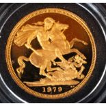 Coins: a 1979 Queen Elizabeth II full 22ct gold sovereign, near mint and boxed.