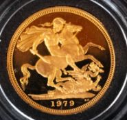 Coins: a 1979 Queen Elizabeth II full 22ct gold sovereign, near mint and boxed.