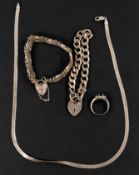 Jewellery: a silver curb link bracelet with heart shaped clasp; a gate bracelet with heart clasp; a 