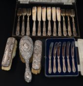 Silver: a set of Kings Pattern silver handled fish knives and forks, a set of silver handled fruit k