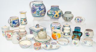 Ceramics: a Carter Stabler Adams Bluebird pattern bulbous jug, 18.5cm; a butter dish and four vases 