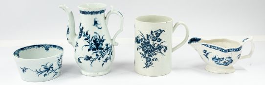 Ceramics: a Worcester blue and white coffee pot, c.1765, painted with the Feather-Mould Floral patte