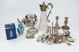 Silver Plate: a hip flask, a toast rack, a claret jug, assorted cutlery, and other plated and pewter