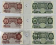 Banknotes: Cyril P Mahon, 10/- notes (3) Prefix x 10 with 7 pin holes, X38 central fold, and Z32, al