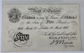 Banknotes: John G Nairne 1902-1918, £5 note Black on White, London 18th March 1915, 92/C 93364, Fade