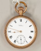 Watches: a gold plated Waltham open faced pocket watch, keyless wind, with enamel dial and Roman num