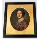 Artwork: English School, a mid 19th century oil on canvas of a young woman in reddish brown dress, u
