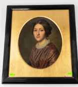 Artwork: English School, a mid 19th century oil on canvas of a young woman in reddish brown dress, u