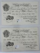Banknotes: K O Peppiatt, £5 notes (2) London E18 035088, 22nd September 1944, and E79 028369, 2nd De