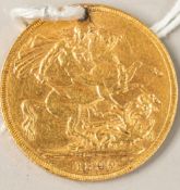 Coins: an 1890 Queen Victoria full gold sovereign, holed, c.7.94g.