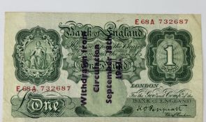 Banknotes: K O Peppiatt, £1 note, 1941, serial number E68A 732687, with ‘withdrawn from circulation 
