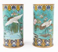 Asian Art: a pair of Chinese cloisonné vases, 20th century, the cylindrical form decorated with cran