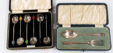 Hallmarked Silver: Child's knife and fork set in fitted case and a set of six silver coffee spoons w