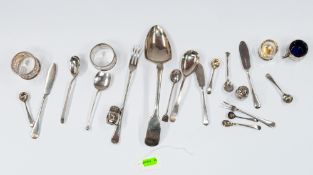 Silver: a tablespoon, Exeter 1790, two napkin rings, a miniature cruet, spoons, a pickle fork, and o