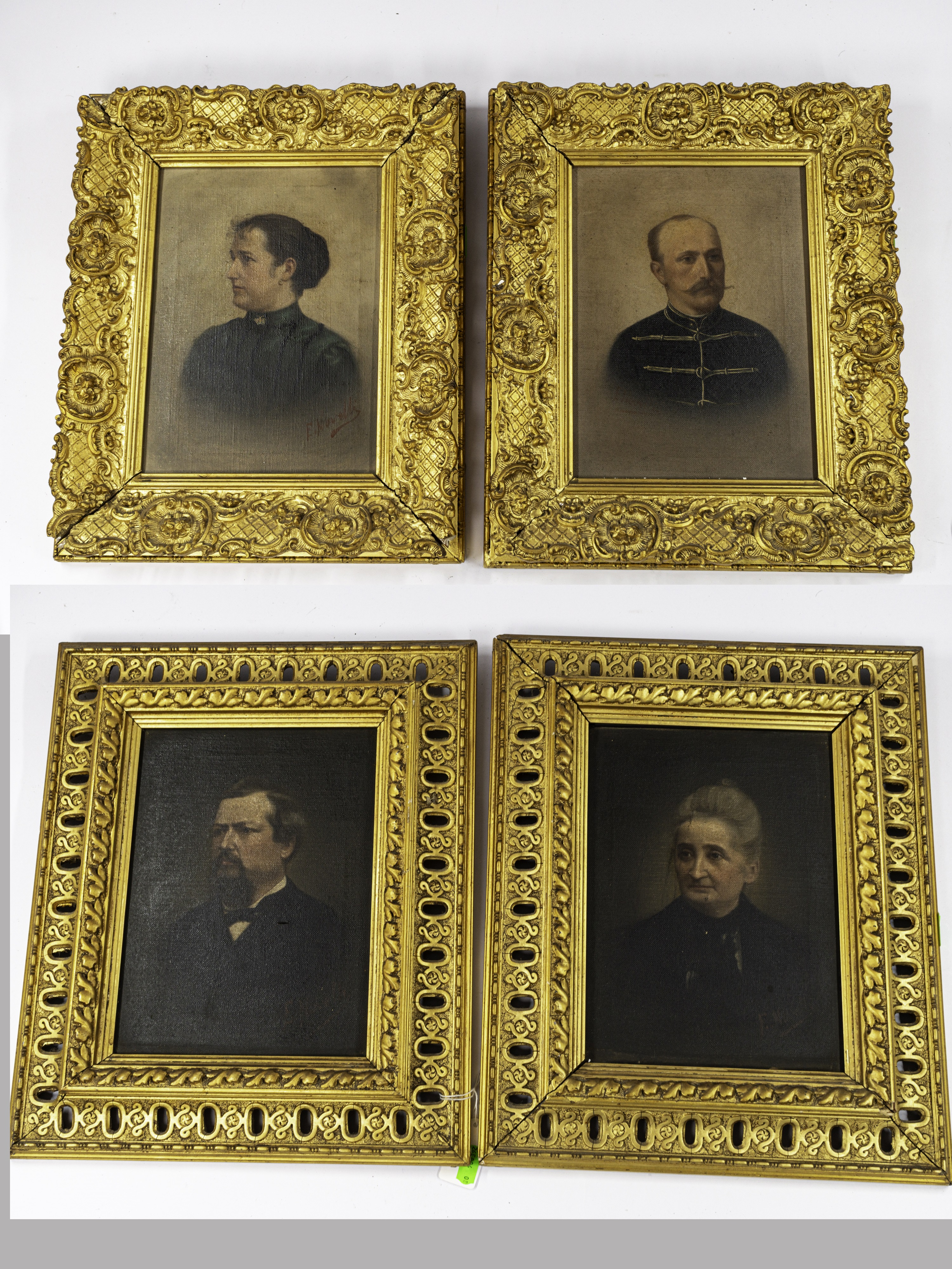 Artwork: a group of two pairs of oleographs, one pair a military gentleman and his wife, the other a
