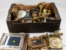 Metalware: three easel picture frames, one silver, a number of boxed plated coasters, a pair of bras