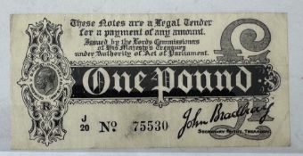 Banknotes: Treasury Series, First issue, John Bradbury, £1, 7th August 1914, J/20 No 75530, (Dot), 4